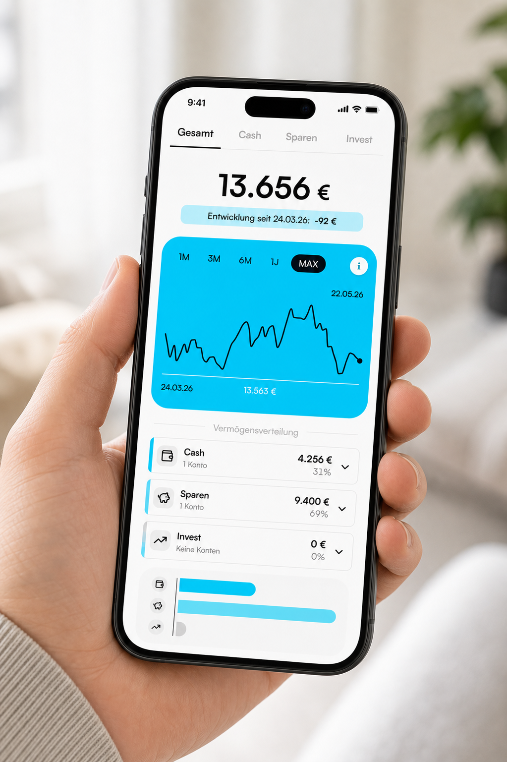 nobank auf dem iPhone: Vermögen, Entwicklung und Aufteilung auf Cash, Sparen und Investieren.