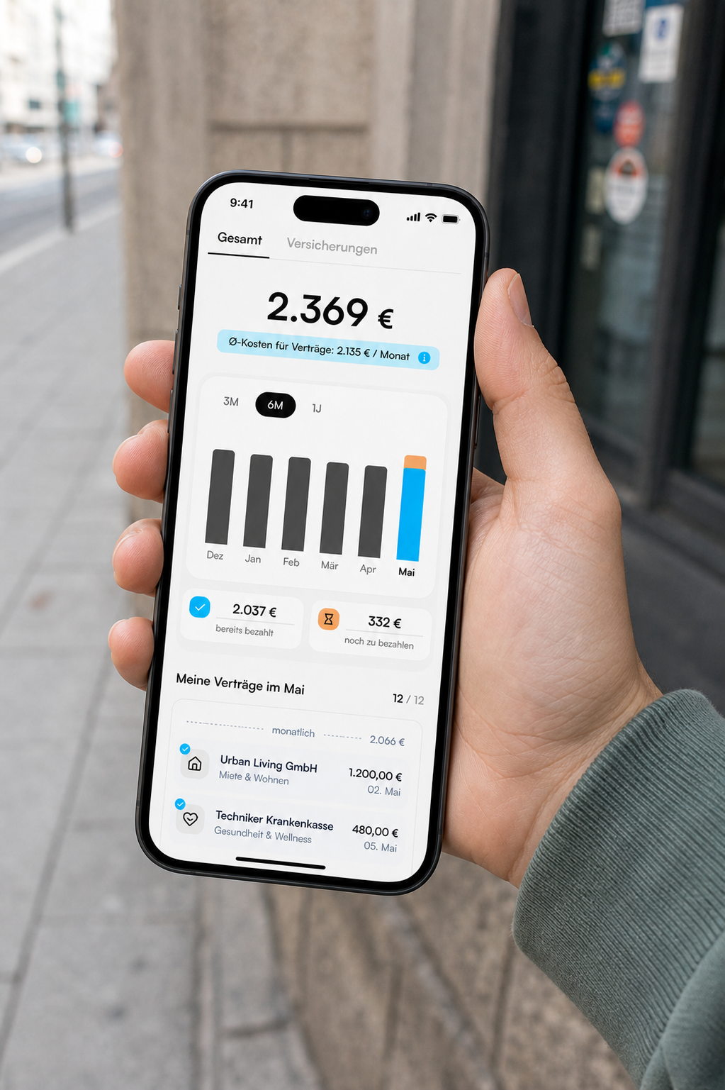 nobank auf dem iPhone: laufende Verträge, monatliche Kosten und noch offene Zahlungen.